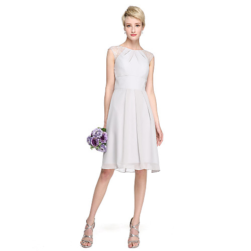 

A-Line Jewel Neck Knee Length Chiffon / Lace Bridesmaid Dress with Pleats