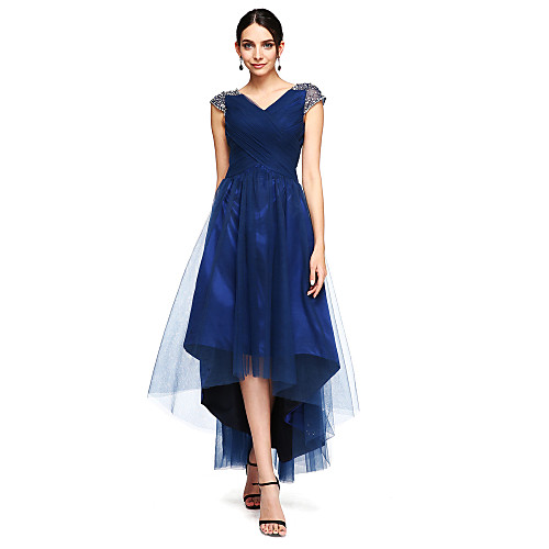 

A-Line Open Back Prom Formal Evening Dress V Neck Short Sleeve Asymmetrical Tulle Stretch Satin with Criss Cross Beading 2021