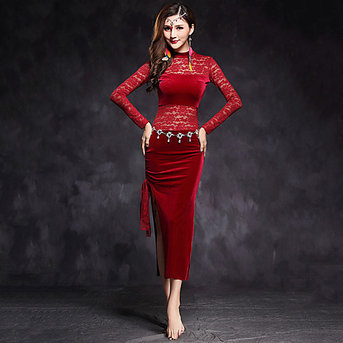 

Belly Dance Dress Splicing Women's Performance Long Sleeve Natural Lace Velvet