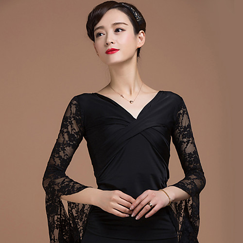 

Ballroom Dance Top Lace Criss-Cross Women's Performance 3/4 Length Sleeve Natural Rayon