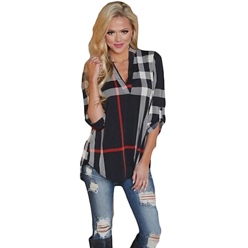 

Women's T shirt Plaid Check Long Sleeve V Neck Tops Cotton White Black Blue