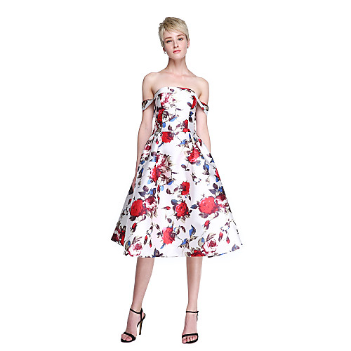 

A-Line Off Shoulder Knee Length Satin Prom Dress with Pleats by TS Couture