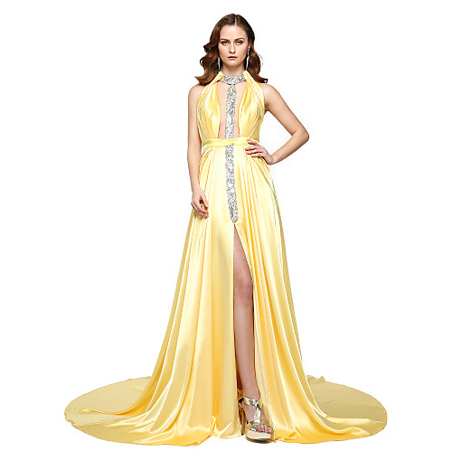 

A-Line Halter Neck Floor Length Chiffon / Satin Dress with Beading / Sash / Ribbon / Pleats by TS Couture