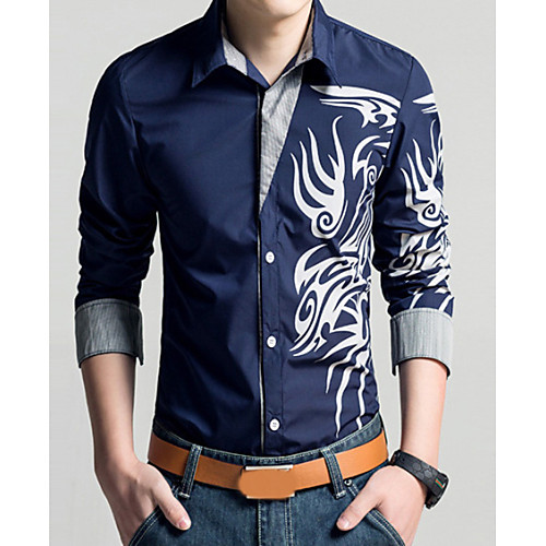 

Men's Shirt Geometric Tribal Plus Size Print Long Sleeve Daily Slim Tops Vintage Classic Collar Purple Yellow Red / Fall / Spring