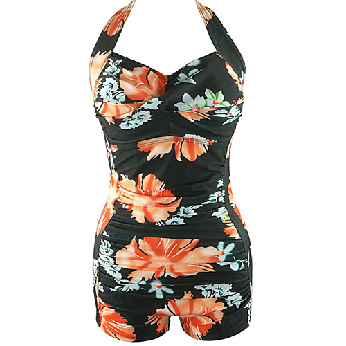 

Women's One Piece Swimsuit Print Floral Yellow Green Plus Size Swimwear Halter Neck Bathing Suits Vintage