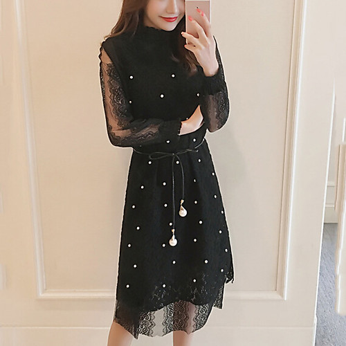 

Women's Shift Dress Knee Length Dress Black Long Sleeve Black Solid Colored Summer Stand Collar Going out Work Lace L XL XXL 3XL / Plus Size / Plus Size