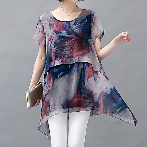 

Women's T shirt Plaid Plus Size Short Sleeve Going out Tops Vintage Streetwear Chinoiserie Blue