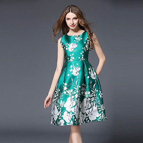 

Women's Knee Length Dress Sheath Dress - Sleeveless Print Spring Summer Chinoiserie Going out Green S M L XL XXL