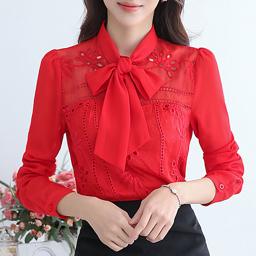 

Women's Blouse Solid Colored Bow Long Sleeve Daily Tops Streetwear White Red