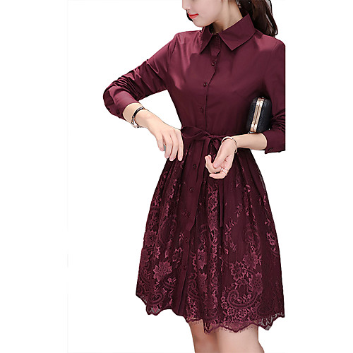 

Women's Loose Knee Length Dress Purple Long Sleeve Solid Colored Fall Spring Shirt Collar Casual Streetwear Sophisticated Holiday Going out Lace S M L XL XXL