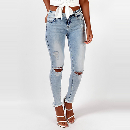 

Women's Street chic Holiday Going out Skinny Skinny Jeans Pants - Solid Colored Ripped Blue S / M / L / Sexy