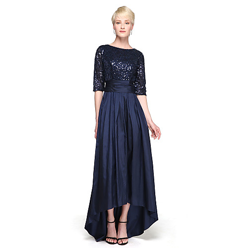 

A-Line Jewel Neck Asymmetrical Taffeta / Sequined Bridesmaid Dress with Bow(s) / Sequin / Sparkle & Shine