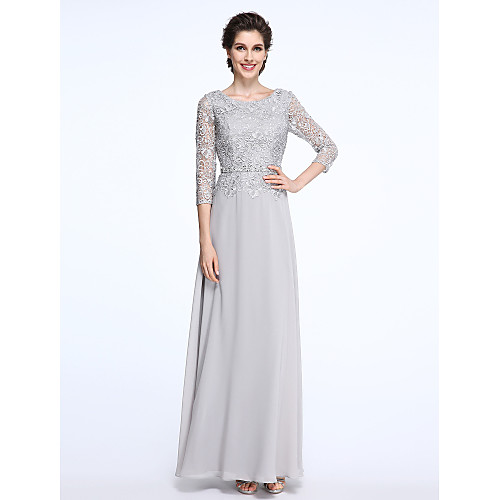 

Sheath / Column Mother of the Bride Dress Plus Size Elegant Scoop Neck Ankle Length Chiffon Floral Lace 3/4 Length Sleeve with Lace 2021