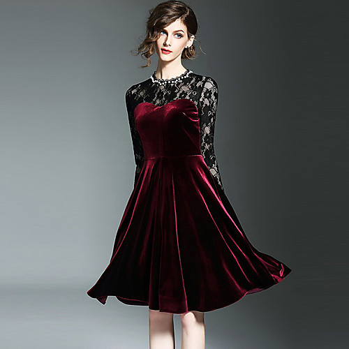 

Women's A Line Dress Knee Length Dress Wine Long Sleeve Patchwork Lace Spring Summer Round Neck Streetwear Going out Velvet S M L XL