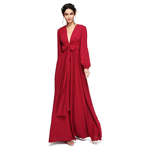 

A-Line V Neck Floor Length Chiffon Bridesmaid Dress with Sash / Ribbon / Bow(s) / Pleats