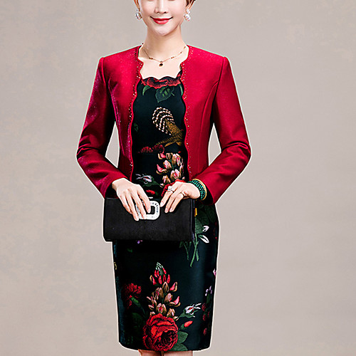 

Women's Sheath Dress Short Mini Dress Wine Long Sleeve Floral Jacquard Fall Spring Round Neck Sophisticated Going out Slim M L XL XXL 3XL 4XL / Plus Size / Plus Size