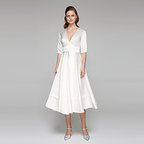 

A-Line Wedding Dresses V Neck Tea Length Satin Half Sleeve Simple Casual Vintage Little White Dress with Sash / Ribbon 2021