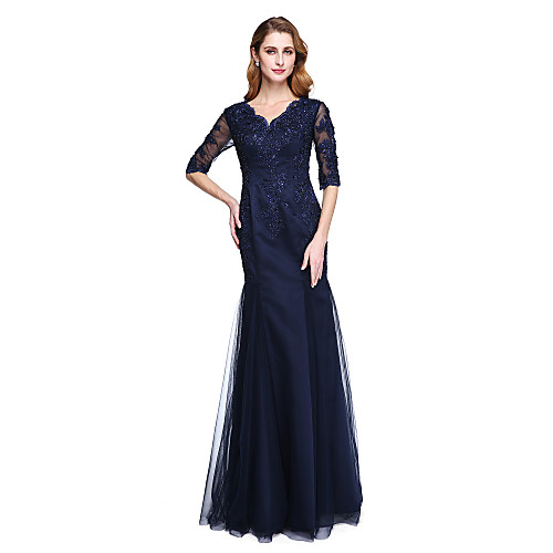 

Mermaid / Trumpet Mother of the Bride Dress Open Back V Neck Floor Length Tulle Beaded Lace Half Sleeve with Beading Appliques 2021