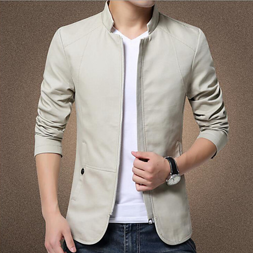 

Men's Jacket Daily Fall Winter Short Coat Stand Collar Slim Jacket Long Sleeve Solid Colored Khaki Black / Spring / Plus Size / Cotton