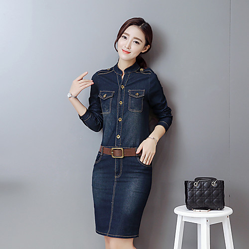 

Women's A Line Dress Knee Length Dress Navy Blue Long Sleeve Solid Color Modern Style Fall Spring Shirt Collar Holiday S M L XL XXL 3XL / Plus Size / Plus Size