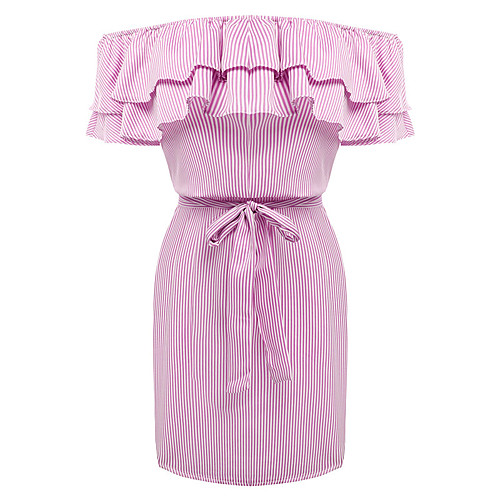 

Women's Sheath Dress Short Mini Dress Blue Blushing Pink Green Short Sleeve Striped Layered Ruffle Fall Summer Boat Neck Going out Off Shoulder S M L XL