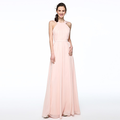 

A-Line Jewel Neck / Cross Front Floor Length Chiffon Bridesmaid Dress with Sash / Ribbon / Pleats