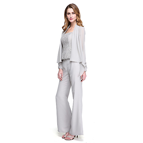 

Sheath / Column Pantsuit / Jumpsuit Mother of the Bride Dress Wrap Included Straps Floor Length Chiffon Long Sleeve with Pleats Beading 2021