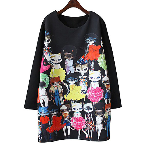 

Women's Tunic Short Mini Dress Black Long Sleeve Cat Cartoon Print Spring Round Neck Oversized S M L XL XXL 3XL / Plus Size / Plus Size
