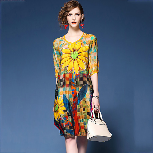 

Women's Chiffon Dress Knee Length Dress Yellow Red Half Sleeve Floral Print Summer V Neck Going out Loose S M L XL XXL 3XL