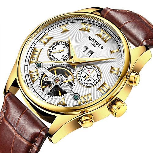 

KINYUED Men's Fashion Watch Dress Watch Skeleton Watch Automatic self-winding Leather Brown 30 m Water Resistant / Waterproof Calendar / date / day Chronograph Analog Luxury Classic Casual - White
