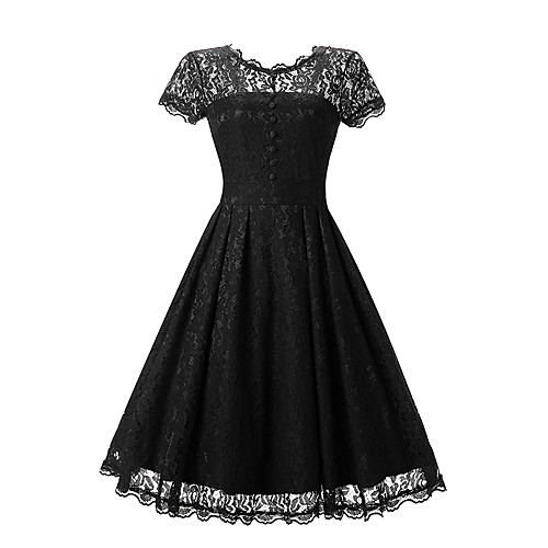 

Women's Knee Length Dress Lace - Short Sleeve Jacquard Lace Summer Vintage Daily Holiday Beach Black Blue Red M L XL XXL / Cotton