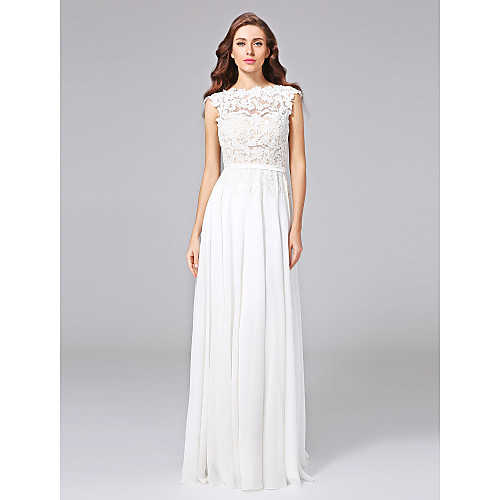 

Sheath / Column Wedding Dresses Bateau Neck Sweep / Brush Train Chiffon Floral Lace Cap Sleeve Romantic Illusion Detail Backless with Bowknot Sash / Ribbon 2021