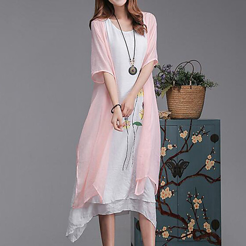 

Women's Loose Midi Dress Blushing Pink Gray Light Green Short Sleeve Floral Summer Round Neck Loose Asymmetrical L XL XXL 3XL 4XL 5XL / Cotton / Plus Size / Plus Size / Cotton