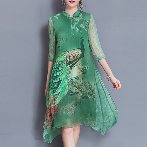 

Women's Loose Knee Length Dress Green Lavender Half Sleeve Animal Print Spring Summer Stand Collar Chinoiserie Going out Loose M L XL XXL 3XL / Plus Size / Plus Size