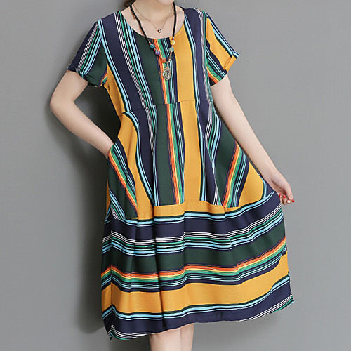 

Women's Loose Knee Length Dress Black Short Sleeve Striped Summer Round Neck Chinoiserie Boho Work Loose L XL XXL 3XL 4XL 5XL / Plus Size / Plus Size