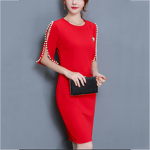 

Women's Sheath Dress Short Mini Dress Black Red Red Solid Colored Beaded Spring Round Neck Going out Slim S M L XL XXL 3XL 4XL 5XL / Cotton / Plus Size / Plus Size / Cotton