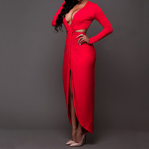 

Women's Sheath Dress Maxi long Dress Red Long Sleeve Red Solid Colored Spring Summer V Neck Going out Slim Cut Out M L XL XXL