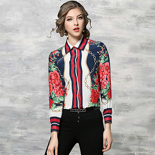 

Women's Shirt Floral Print Long Sleeve Daily Tops Cotton Chinoiserie Red