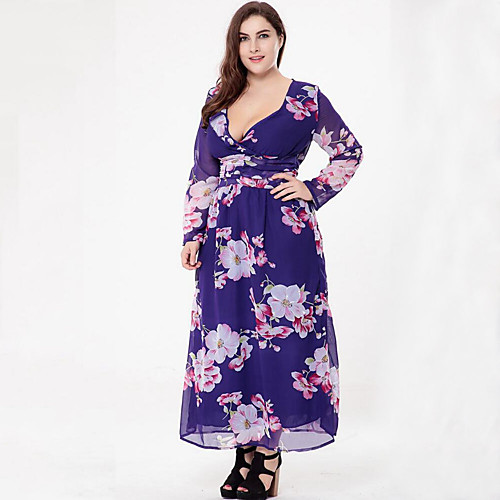 

Women's Chiffon Dress Maxi long Dress Blue Long Sleeve Floral Print Summer V Neck Boho Floral XL XXL 3XL 4XL 5XL 6XL / Cotton / Plus Size / Plus Size / Cotton