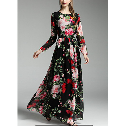 

Women's Swing Dress Maxi long Dress Black Long Sleeve Floral Print Fall Spring Round Neck Sophisticated Holiday Going out Floral XS S M L XL XXL