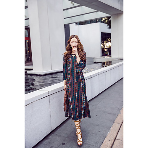 

Women's Loose Midi Dress Blue Long Sleeve Other Artistic Style Summer V Neck Boho S M L XL