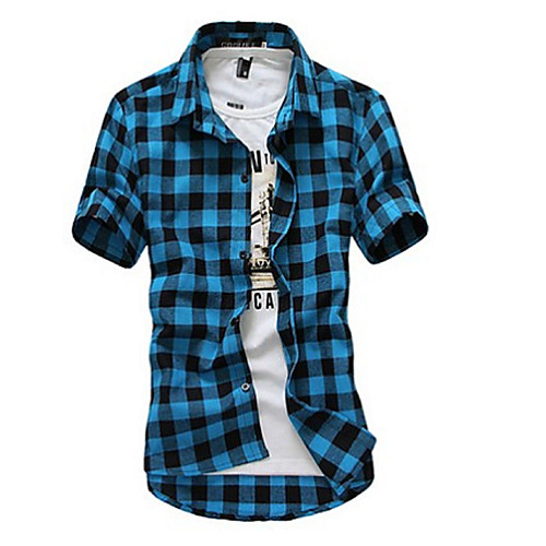 

Men's Shirt Plaid Short Sleeve Daily Tops Cotton Casual Black Red Royal Blue