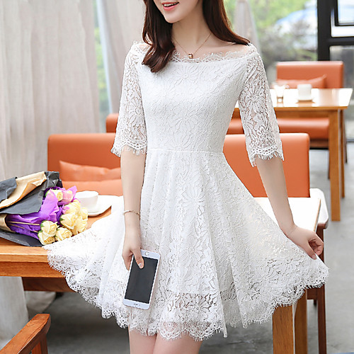 

Women's Lace Short Mini Dress Blue Blushing Pink Khaki White Black Short Sleeve Dusty Rose Jacquard Solid Colored Spring Summer Boat Neck Going out Lace S M L XL XXL