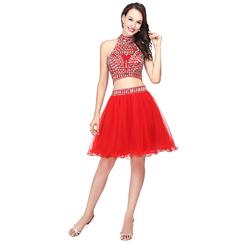 

Ball Gown / Two Piece Halter Neck Short / Mini Tulle Cocktail Party Dress with Beading by