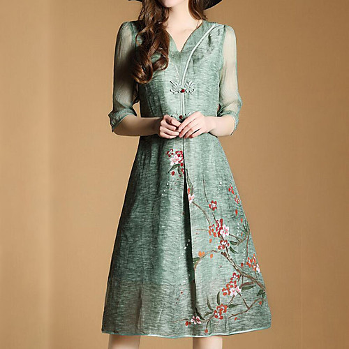 

Women's Loose Knee Length Dress Green Floral Summer V Neck Casual Going out Floral S M L XL XXL 3XL