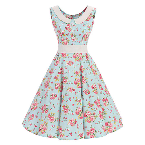 

Women's Swing Dress Knee Length Dress Light Green Sleeveless Floral Print Round Neck Vintage S M L XL XXL / Cotton / Cotton