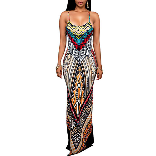 

Women's Strap Dress Maxi long Dress Blue Black Sleeveless Tribal Print Sophisticated Party Going out Slim Boho Bohemia Beach S M L XL