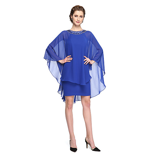 

Sheath / Column Mother of the Bride Dress Two Piece Jewel Neck Short / Mini Chiffon Charmeuse Sleeveless with Pleats Beading 2021