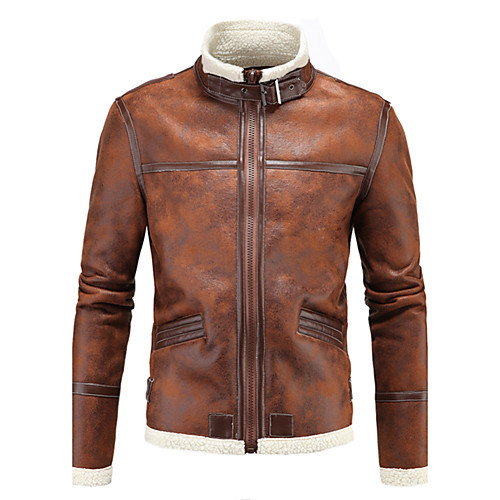 

Men's Faux Leather Jacket Weekend Winter Regular Coat Stand Collar Slim Streetwear Jacket Long Sleeve Solid Colored Oversized Light Brown / Plus Size / Cotton