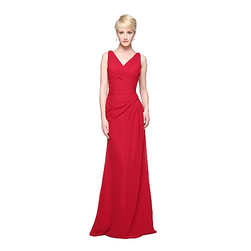 

Sheath / Column V Neck Floor Length Chiffon Bridesmaid Dress with Pleats